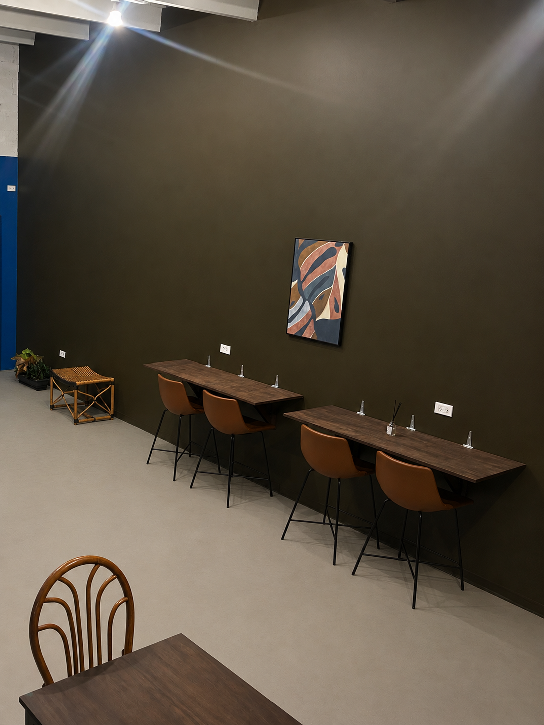 Bar stool seating along the wall